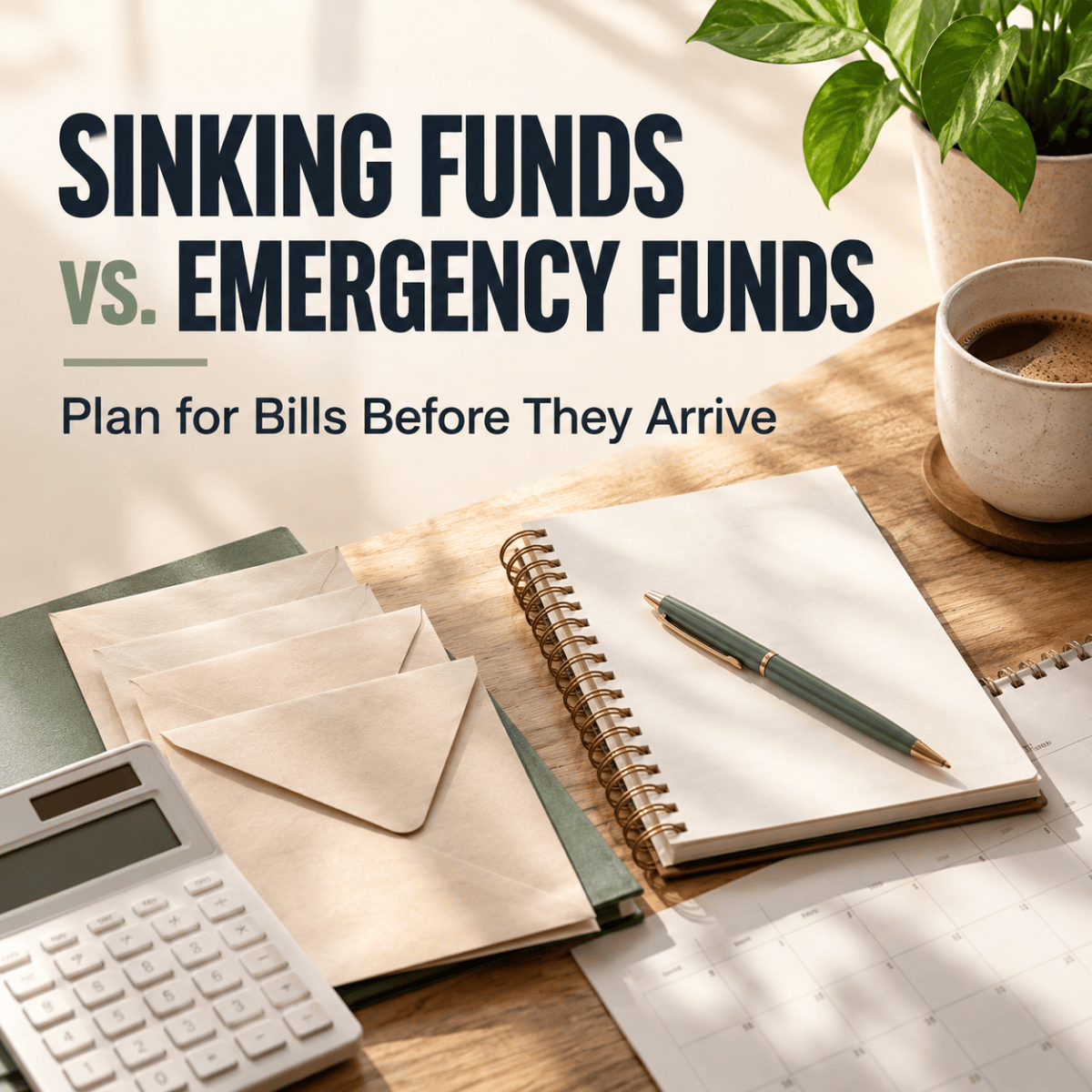 “Notebook, envelopes, and calculator illustrating sinking funds and emergency fund planning for irregular bills.”