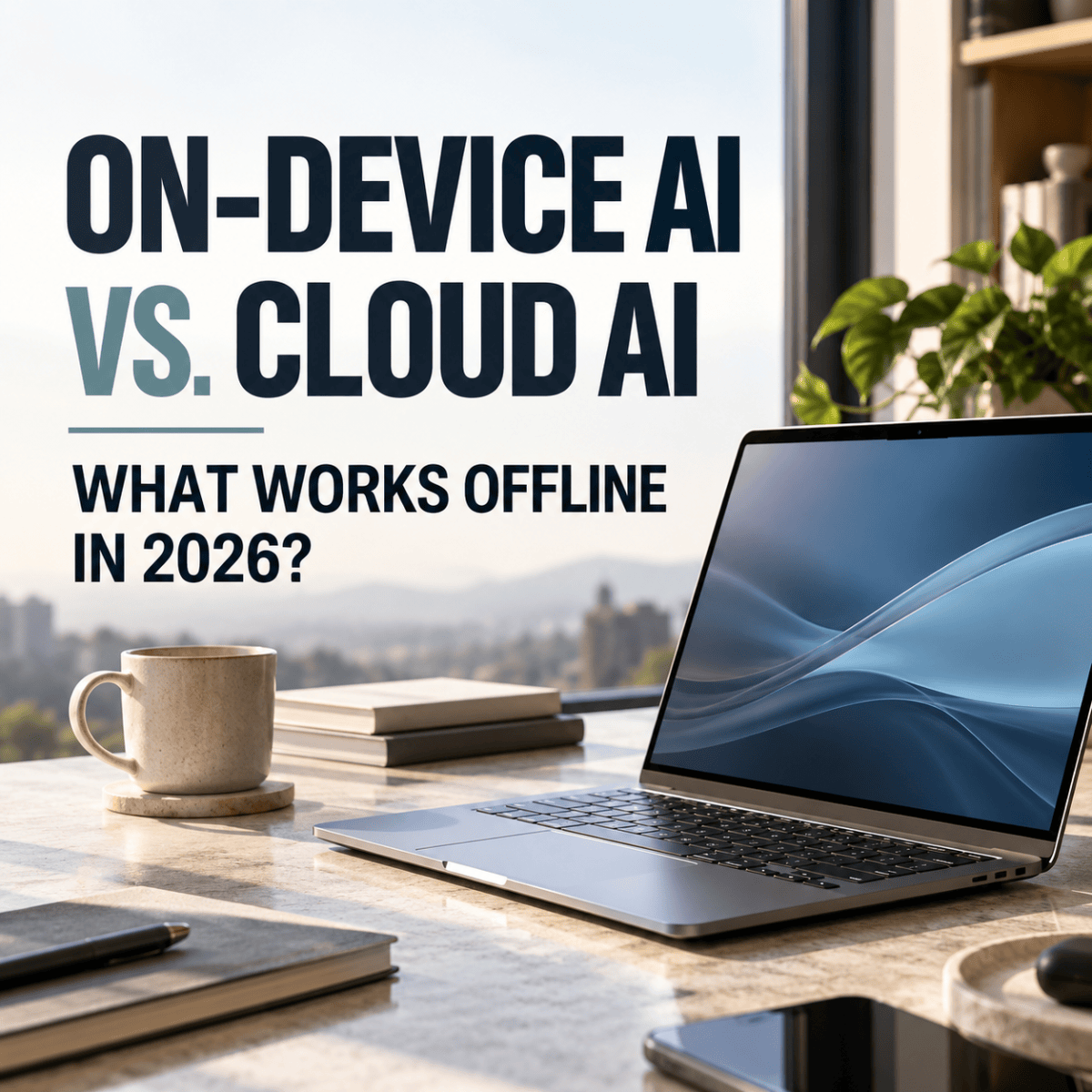 Editorial laptop workspace illustrating the difference between on-device AI and cloud AI in 2026.