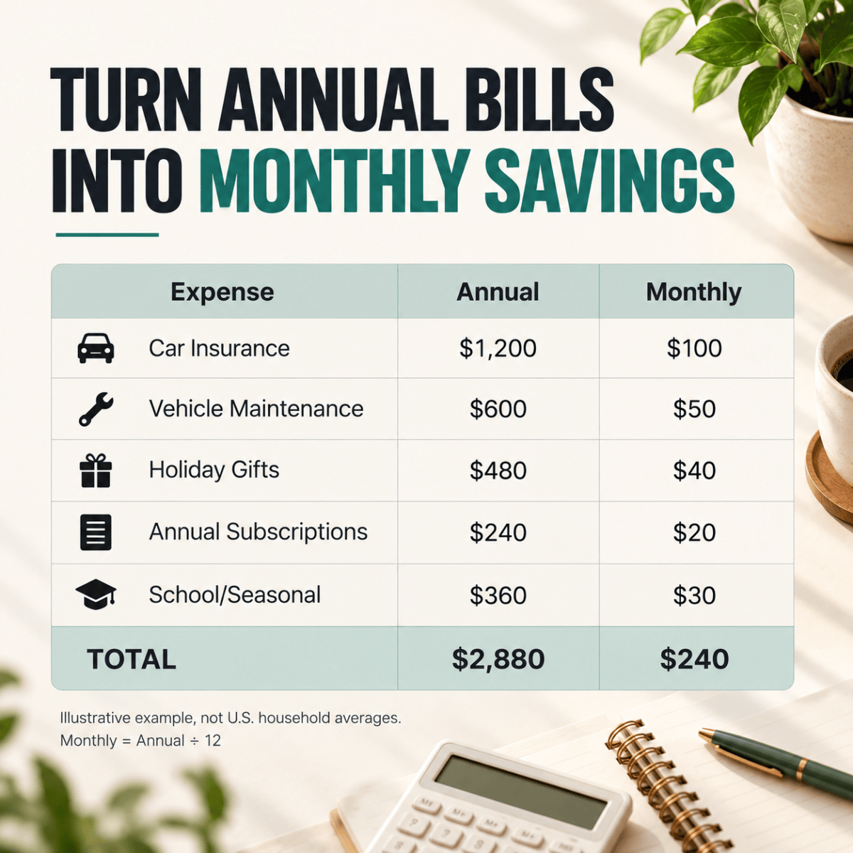 “Illustrative annual household bills totaling $2,880 and monthly sinking fund contributions totaling $240.”