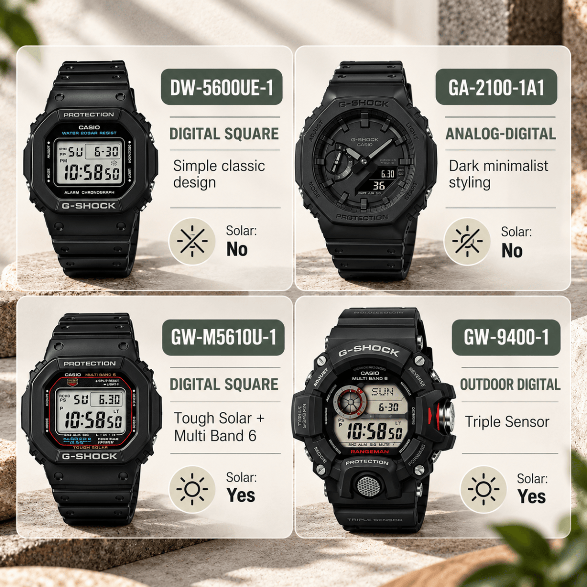 “Four G-SHOCK models compared by display style, solar charging, and intended use: DW-5600UE-1, GA-2100-1A1, GW-M5610U-1, and GW-9400-1.”