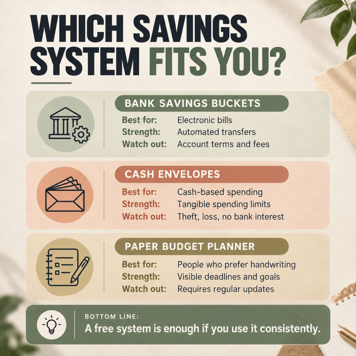 “Comparison of bank savings buckets, cash envelopes, and paper budget planners with their advantages and limitations.”