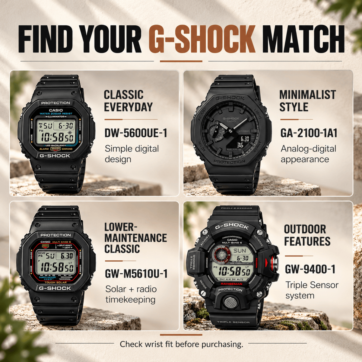 “Decision guide matching four G-SHOCK models to everyday, minimalist, lower-maintenance, and outdoor needs.”