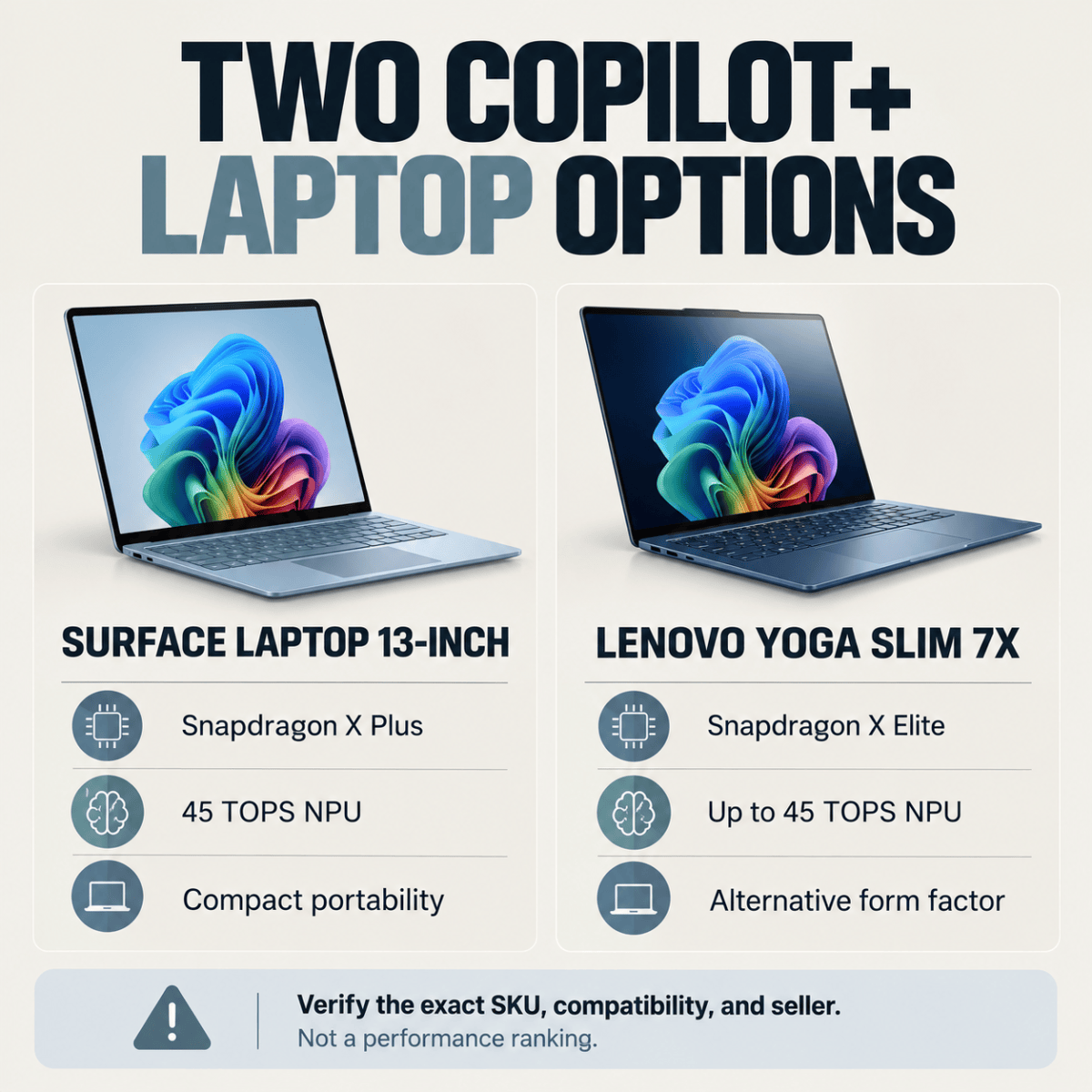 Specification-based comparison of Microsoft Surface Laptop 13-inch Snapdragon X Plus and Lenovo Yoga Slim 7x Snapdragon X Elite, without performance rankings.