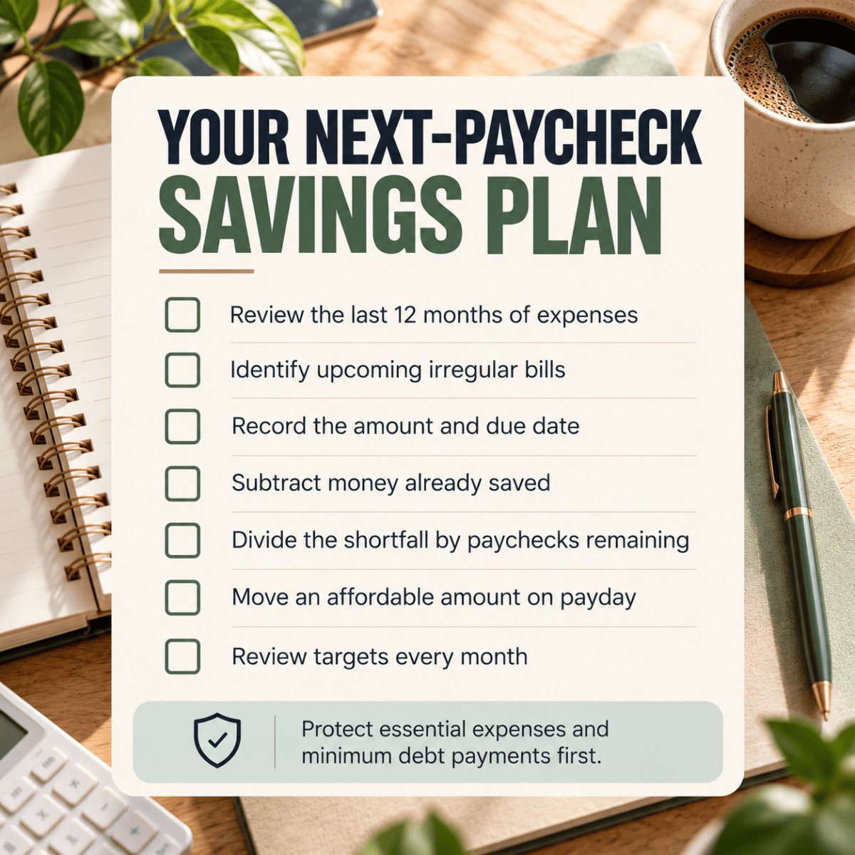 “Seven-step checklist for calculating and funding sinking funds from the next paycheck.”