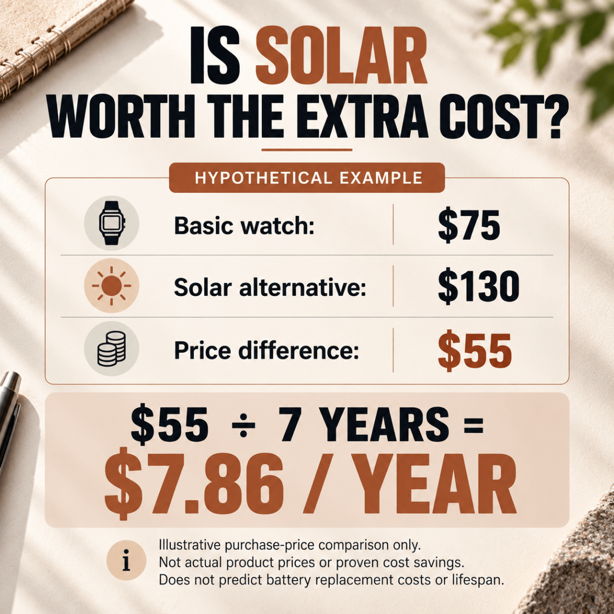 “Hypothetical G-SHOCK cost comparison showing a $55 purchase-price difference spread across seven years.”