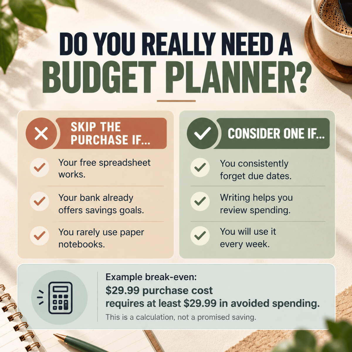 “Decision guide explaining when to skip or consider purchasing a paper budget planner, with a hypothetical $29.99 break-even calculation.”