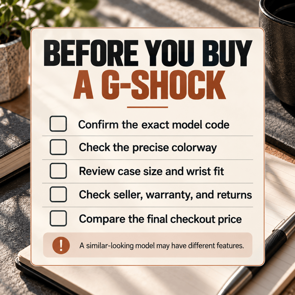 “Five-point G-SHOCK purchasing checklist covering model number, color, fit, seller terms, and final price.”