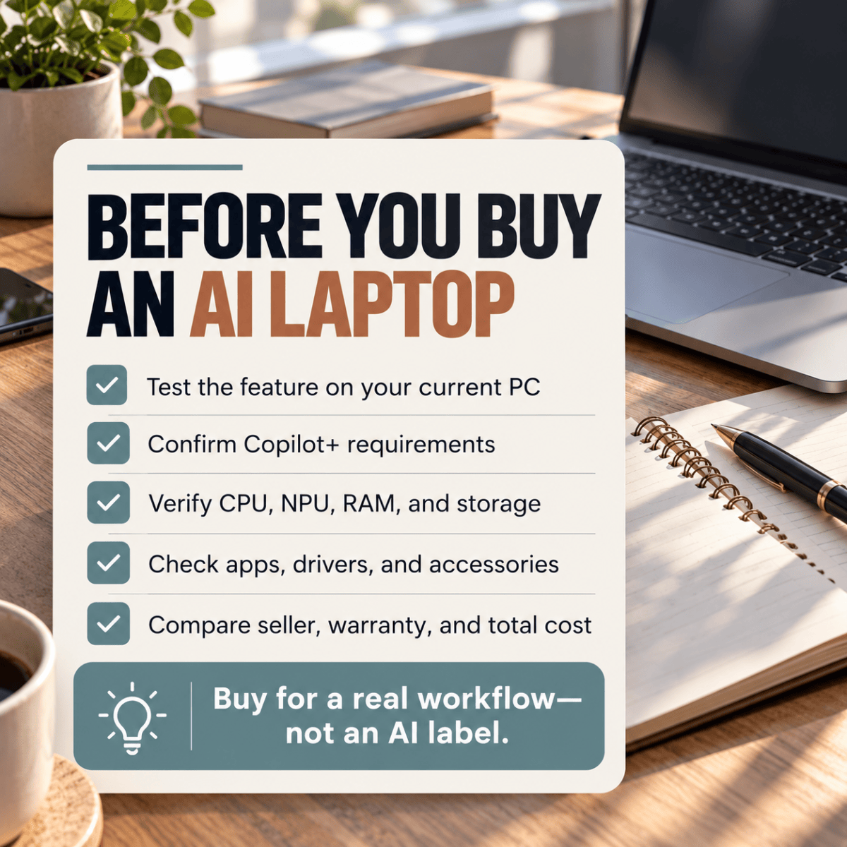 Five-point checklist for choosing a Windows AI laptop based on offline features, hardware, compatibility, and purchase conditions.