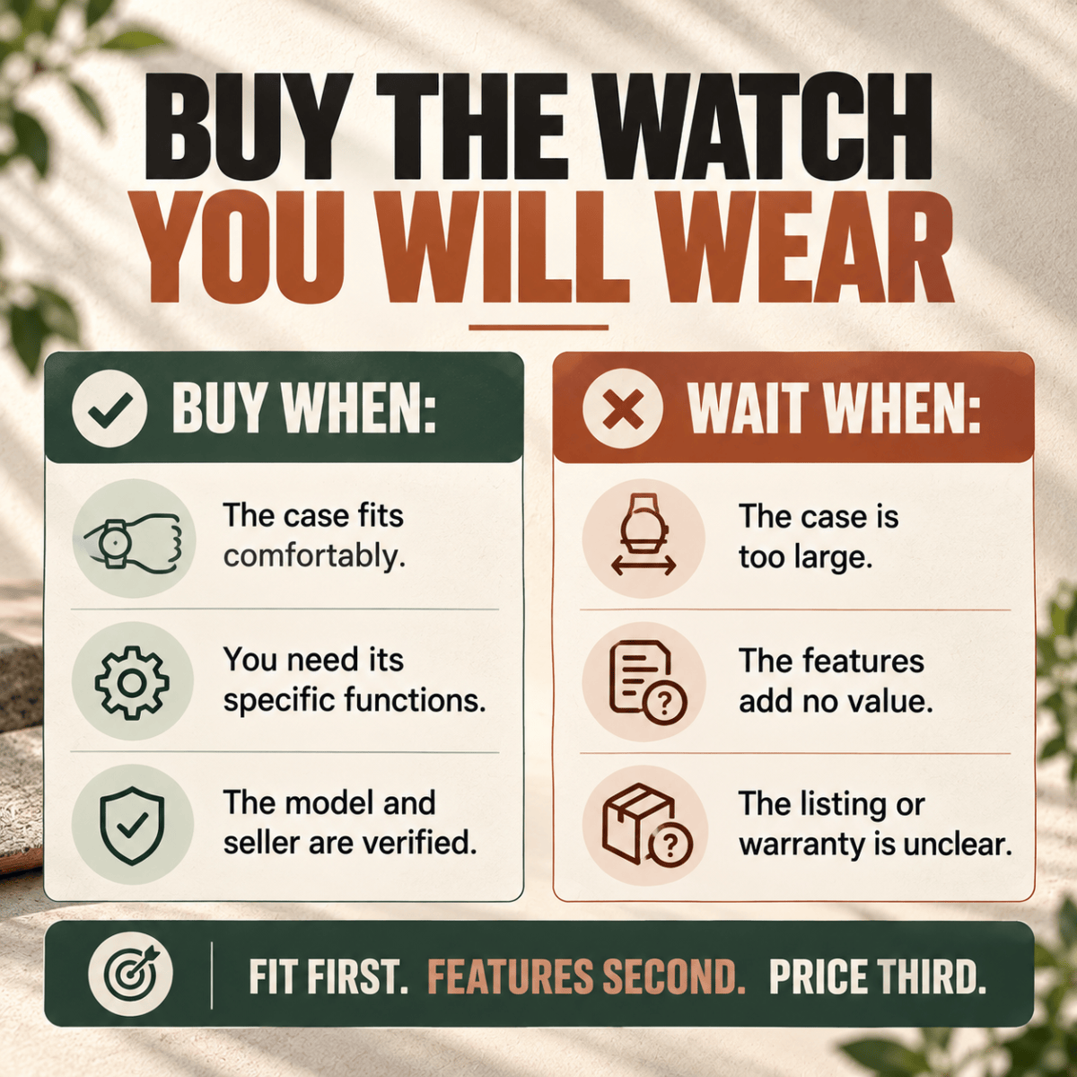 “G-SHOCK purchase decision summary showing reasons to buy or wait based on fit, features, and seller verification.”