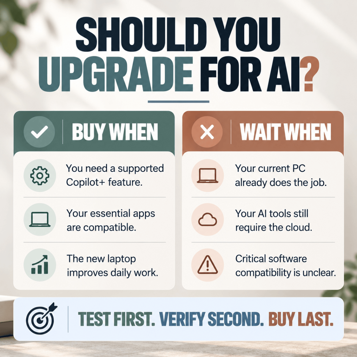 uy-or-wait decision guide for upgrading to an on-device AI laptop, emphasizing actual needs and compatibility.